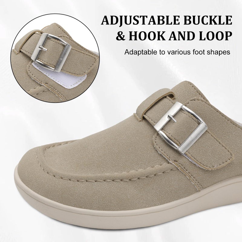 JOINFREE Wide Suede Clogs for Womens Diabetic Mules Comfort Slip on Clog Slippers Wide Width Potato Shoes with Adjustable Buckle Walking House Indoor Outdoor Taupe Size 8 - Image 4