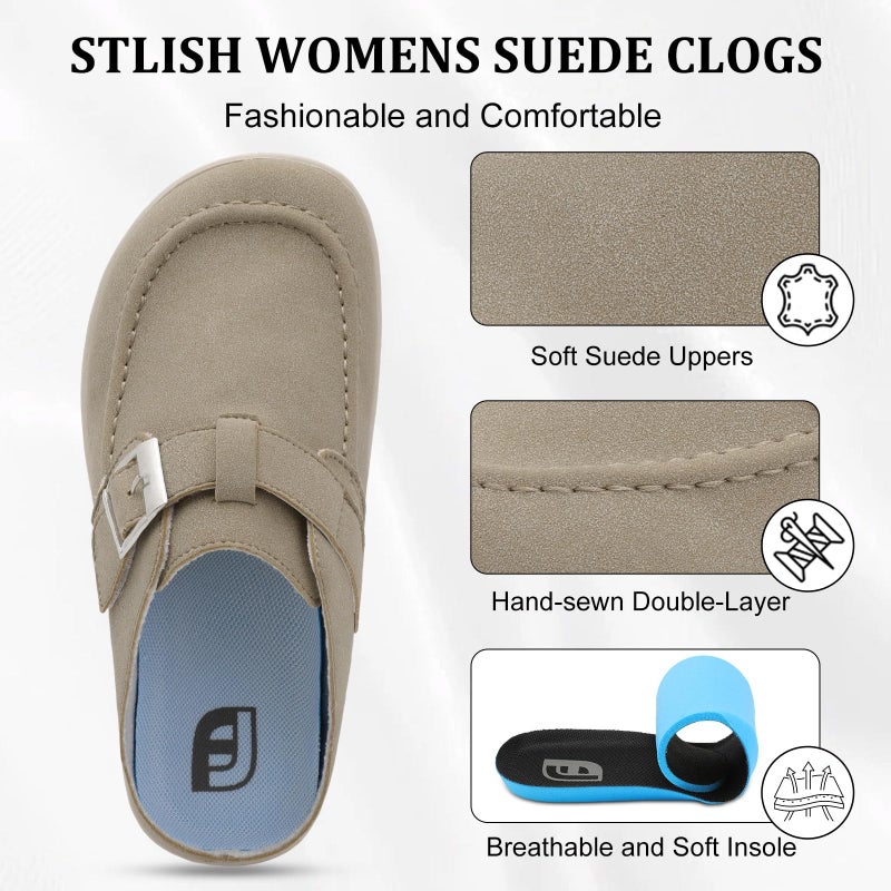 JOINFREE Wide Suede Clogs for Womens Diabetic Mules Comfort Slip on Clog Slippers Wide Width Potato Shoes with Adjustable Buckle Walking House Indoor Outdoor Taupe Size 8 - Image 5
