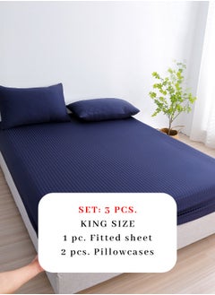 LUNA Home Fitted sheet with elastic corner 180*200+30cm with 2 pillow cases, bedsheet set 0f 3 piece king size, dark blue.  - Image 3