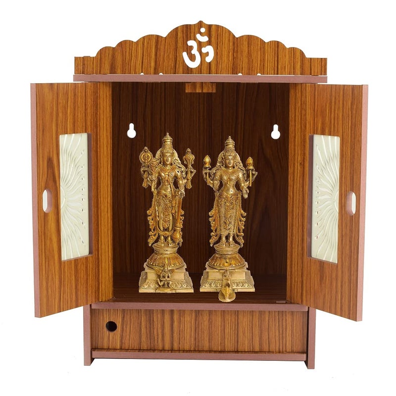 nexat Wooden Acrylic Design Door Big TempleBig Temple with DrawerGod TemplePooja MandirFoldable Design TempleBig Wooden Temple for Home19x28x43CM Red - Image 1