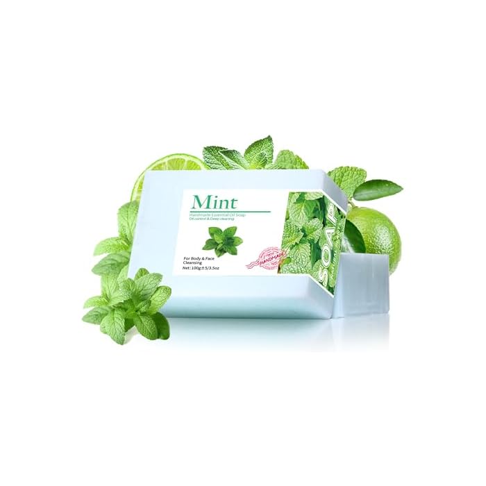 AKARY Handmade Essential Oil Soap, Cleaning Bath Soap Made With Plant Ingredients, Oil Control, Deep Cleaning Exfoliating & Moisturizing, Face & Body Wash Bar For All Skin Types (Mint)