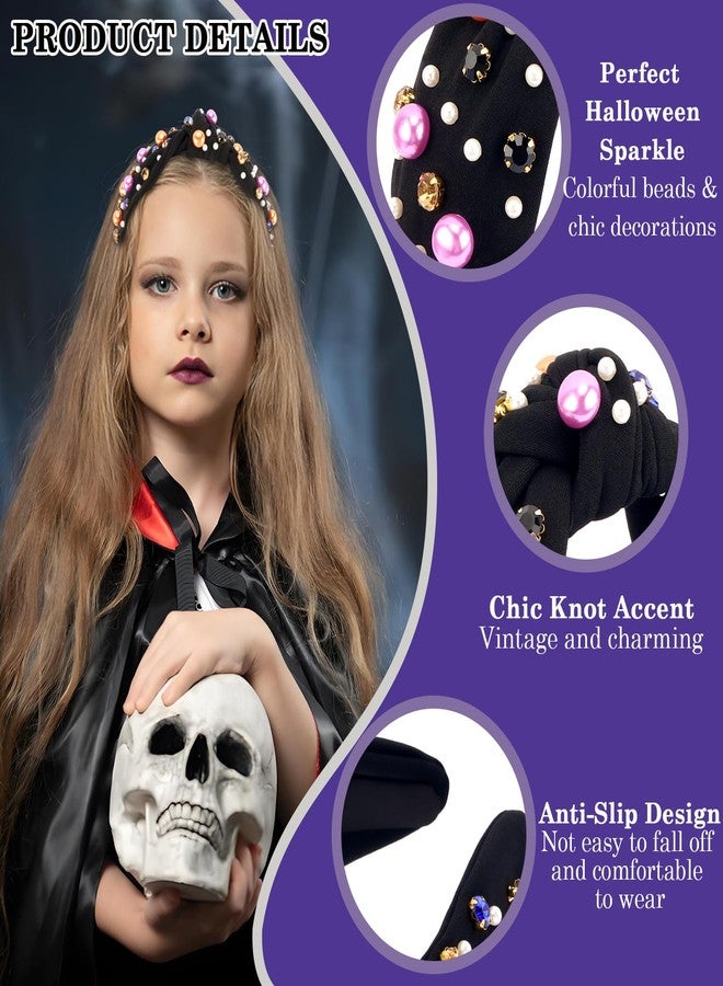 CUBACO Halloween Knotted Headband for Women Girls - Wide Top Knot Jeweled Headpiece with Beads Rhinestones, Decorative Hair Accessories for Women Girls Halloween Party Costumes Black - Image 3