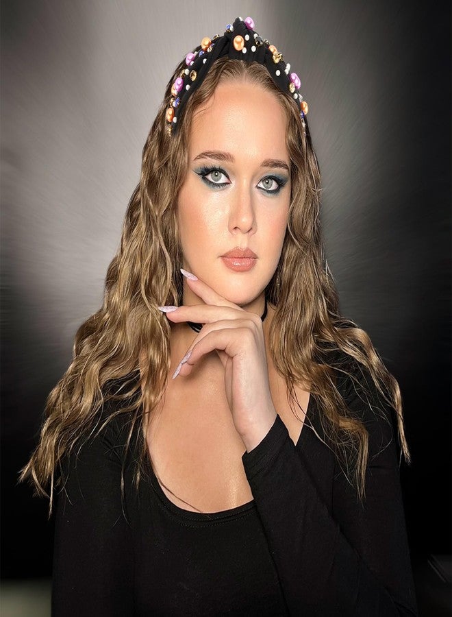 CUBACO Halloween Knotted Headband for Women Girls - Wide Top Knot Jeweled Headpiece with Beads Rhinestones, Decorative Hair Accessories for Women Girls Halloween Party Costumes Black - Image 2