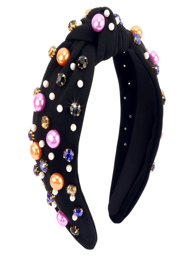 CUBACO Halloween Knotted Headband for Women Girls - Wide Top Knot Jeweled Headpiece with Beads Rhinestones, Decorative Hair Accessories for Women Girls Halloween Party Costumes Black - Image 1