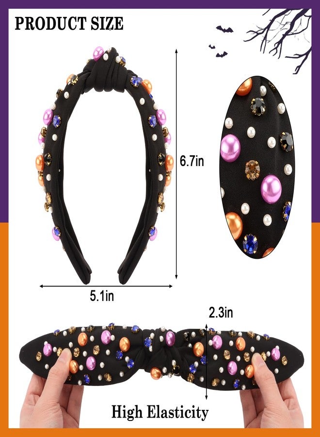 CUBACO Halloween Knotted Headband for Women Girls - Wide Top Knot Jeweled Headpiece with Beads Rhinestones, Decorative Hair Accessories for Women Girls Halloween Party Costumes Black - Image 4