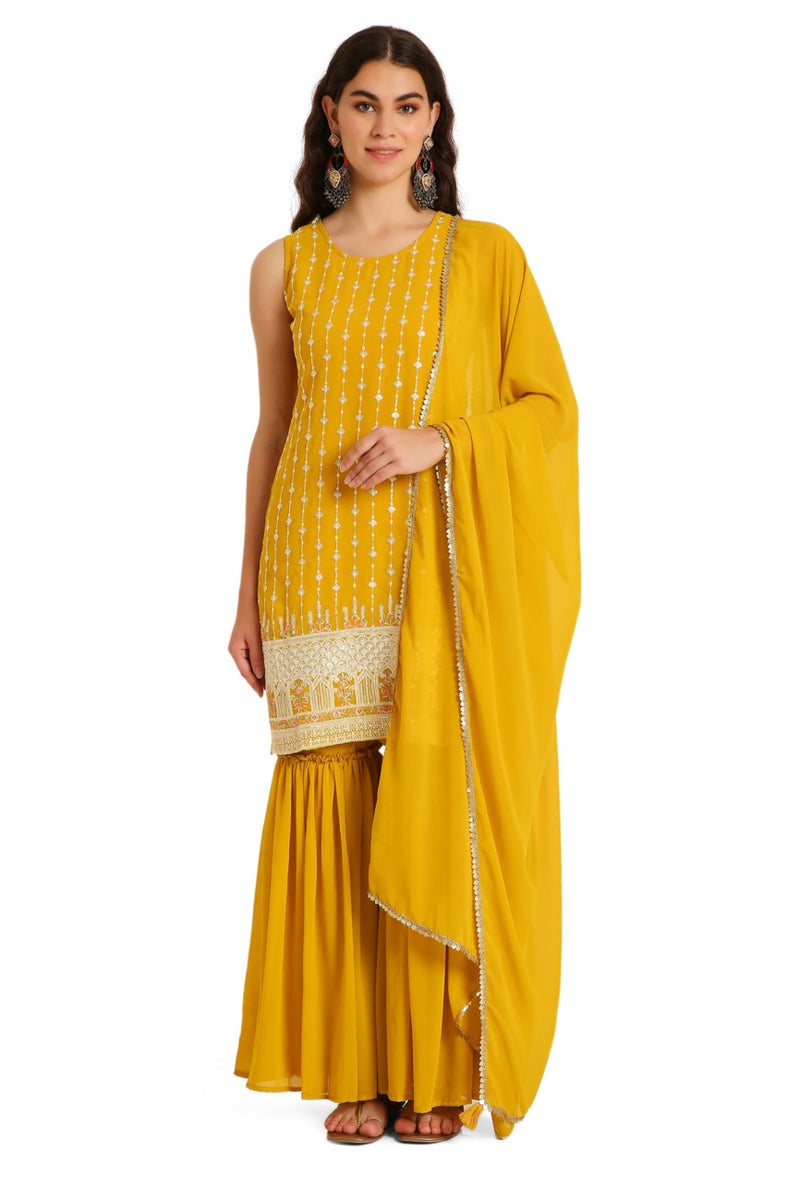 SHOPPING QUEEN Women's Georgette Embroidered Regular Fit Kurta Sharara Set With Dupatta (A509_Corn Yellow_L) - Image 1