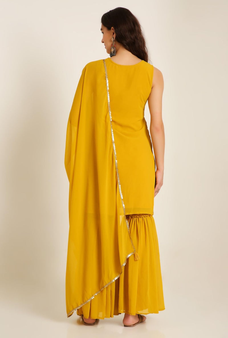 SHOPPING QUEEN Women's Georgette Embroidered Regular Fit Kurta Sharara Set With Dupatta (A509_Corn Yellow_L) - Image 2