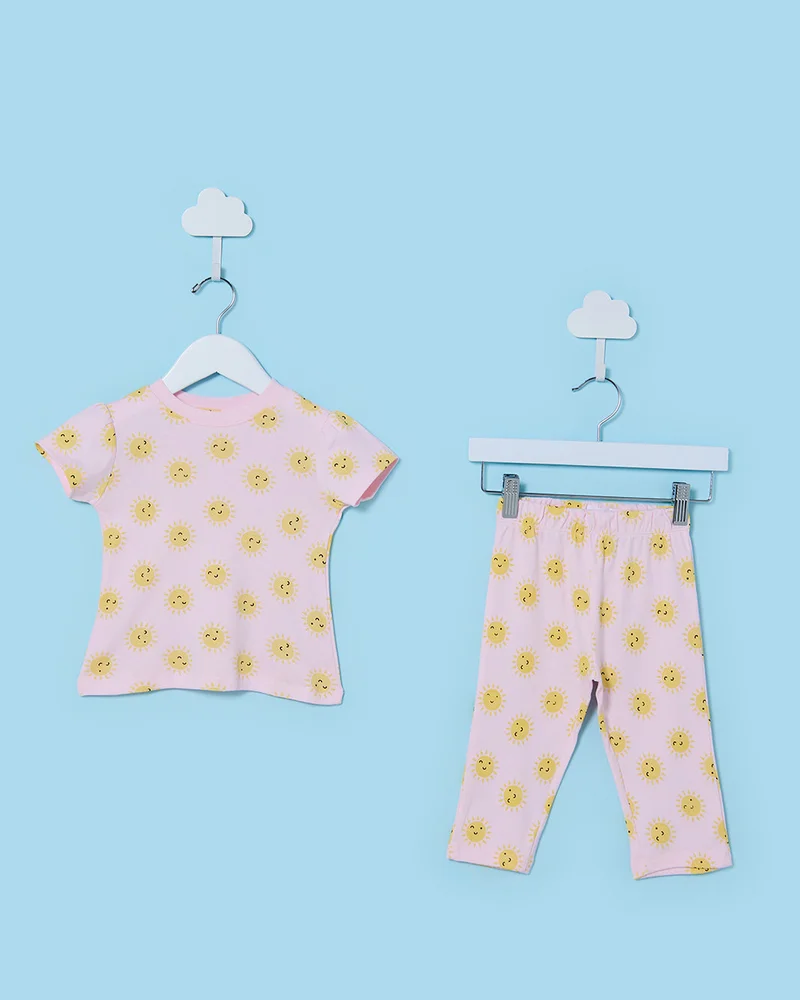 Redtag Infant Girls Pink And Yellow Printed Pyjama Set (4 Piece)