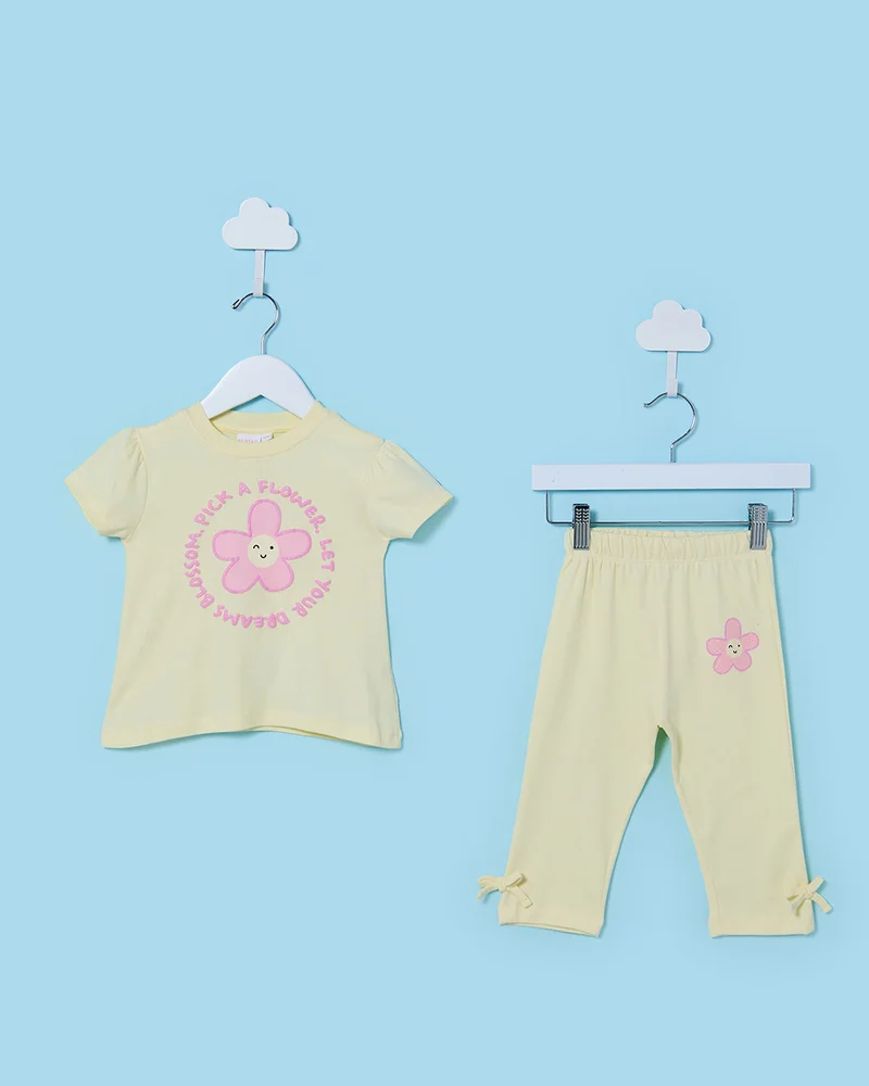 Redtag Infant Girls Pink And Yellow Printed Pyjama Set (4 Piece)