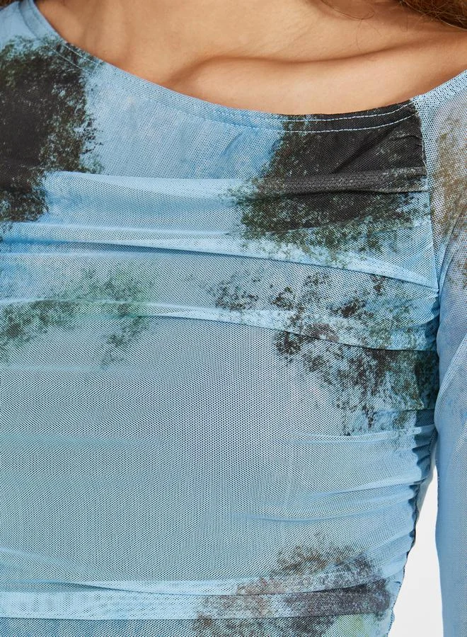 Styli Mesh Tie Dye Print Fitted T-Shirt with Asymmetric Neck