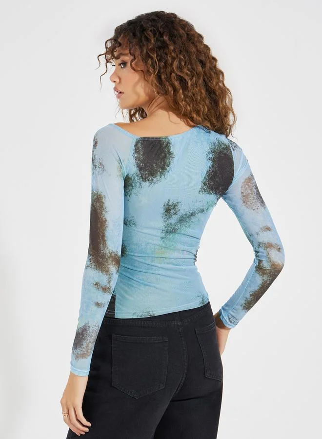 Styli Mesh Tie Dye Print Fitted T-Shirt with Asymmetric Neck