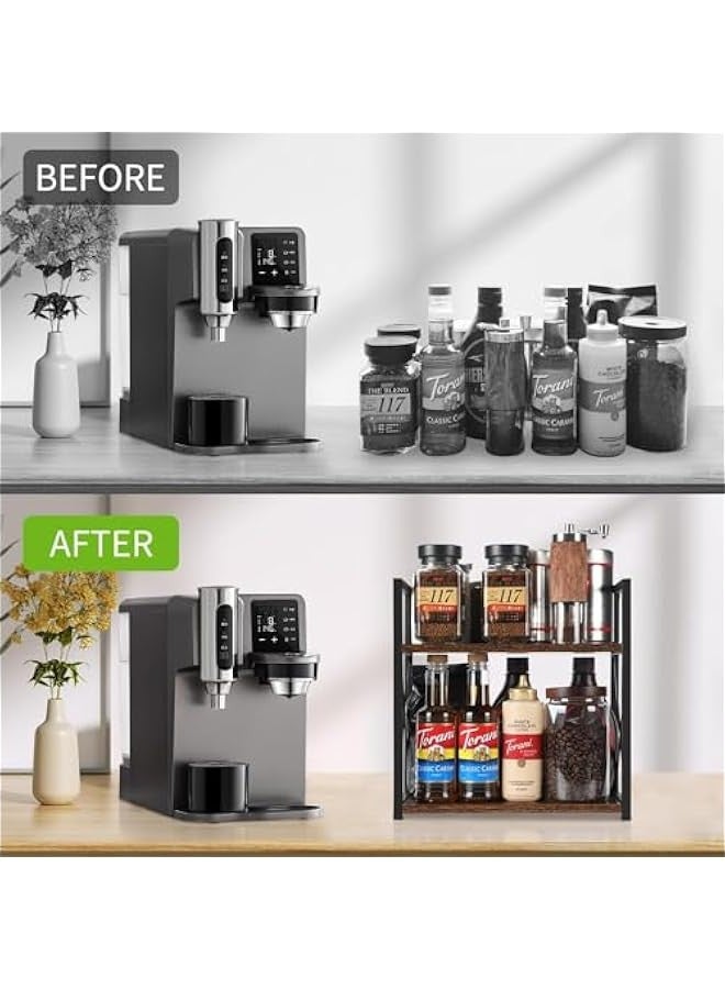 بيوينتي يو-هومي منظم رف منضدة المطبخ، منظم رف توابل خشبي من طبقتين لتنظيم محطة القهوة على سطح الطاولة، رف توابل القهوة للاكواب والكريمة والشراب (بني ريفي) - Image 3