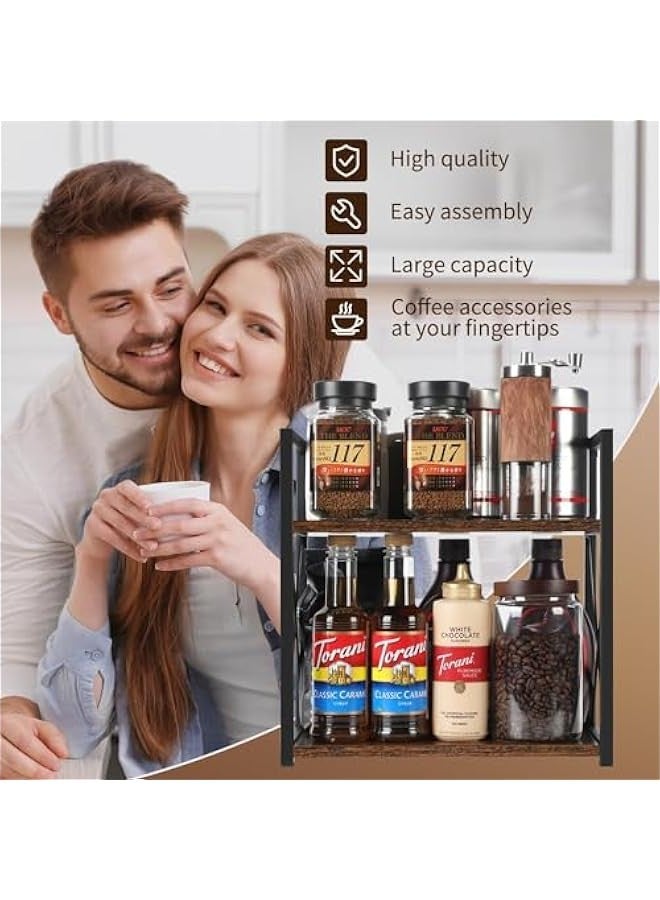 بيوينتي يو-هومي منظم رف منضدة المطبخ، منظم رف توابل خشبي من طبقتين لتنظيم محطة القهوة على سطح الطاولة، رف توابل القهوة للاكواب والكريمة والشراب (بني ريفي) - Image 4