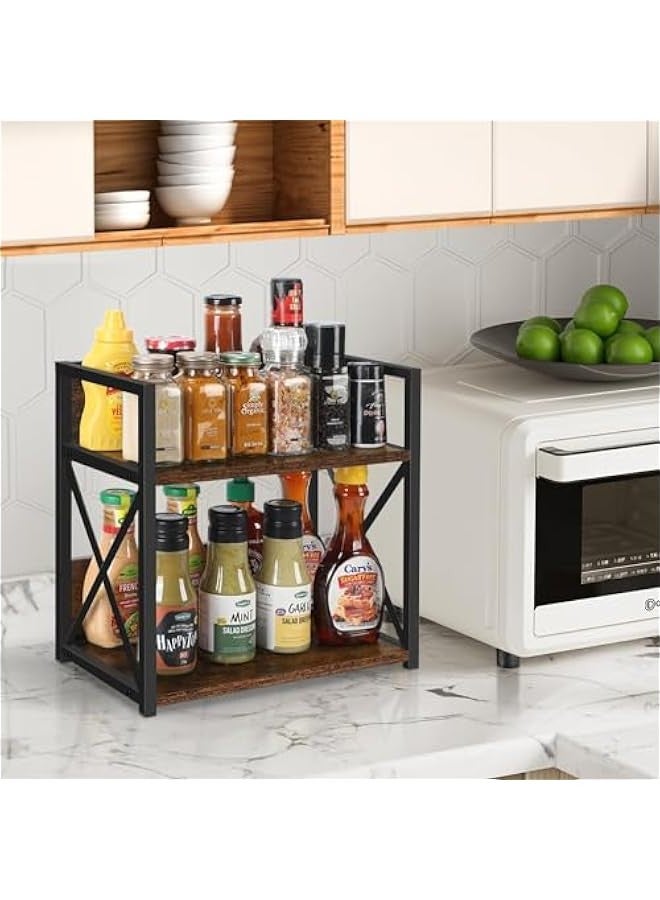 بيوينتي يو-هومي منظم رف منضدة المطبخ، منظم رف توابل خشبي من طبقتين لتنظيم محطة القهوة على سطح الطاولة، رف توابل القهوة للاكواب والكريمة والشراب (بني ريفي) - Image 5