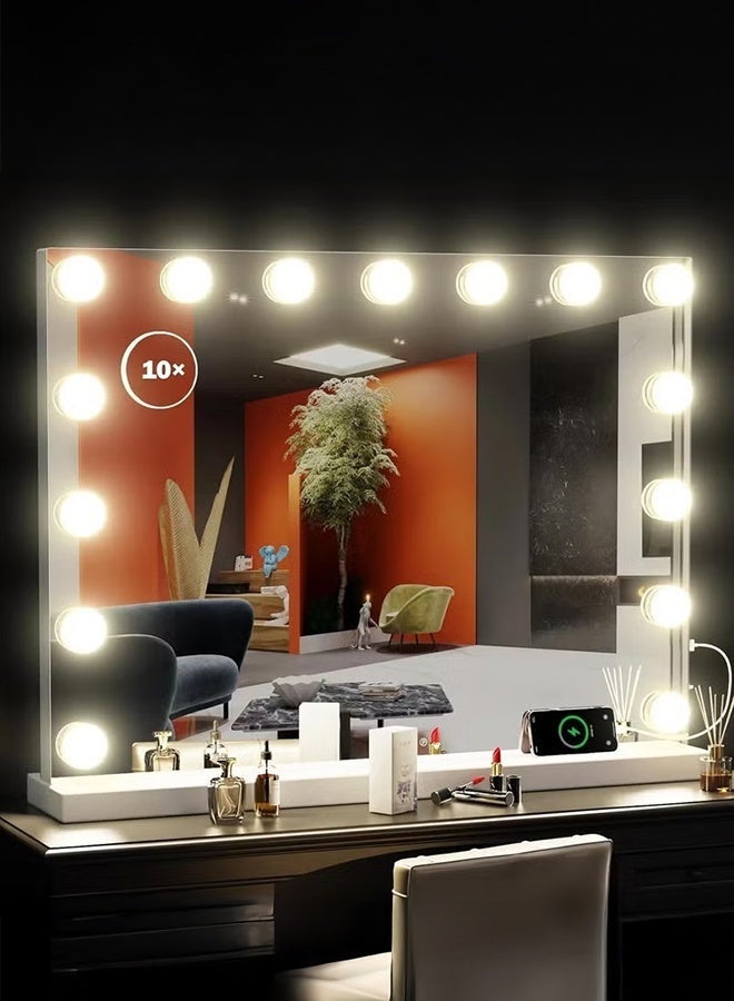 WALALLA Rectangle Vanity Mirror Makeup Mirror With 15 LED Lights USB & Type C Charging Ports Lighted Dimmable 10X Magnification 3 Colors Light Touch Control 58×46×5cm - Image 1