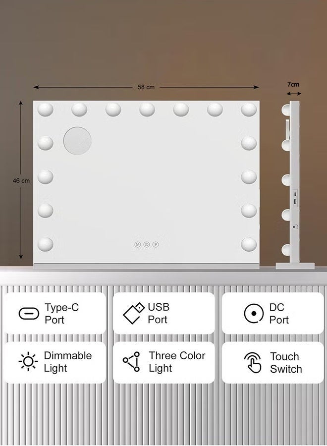 WALALLA Rectangle Vanity Mirror Makeup Mirror With 15 LED Lights USB & Type C Charging Ports Lighted Dimmable 10X Magnification 3 Colors Light Touch Control 58×46×5cm - Image 4
