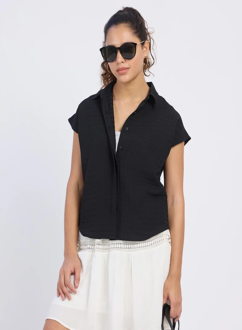 بينيا كولادا Women's Midnight Black Boxy Textured Shirt For Casual Wear | Spread Collar | Short Sleeve | Button Closure | Shirt Designed With Comfortable Fit For Woman & Girls