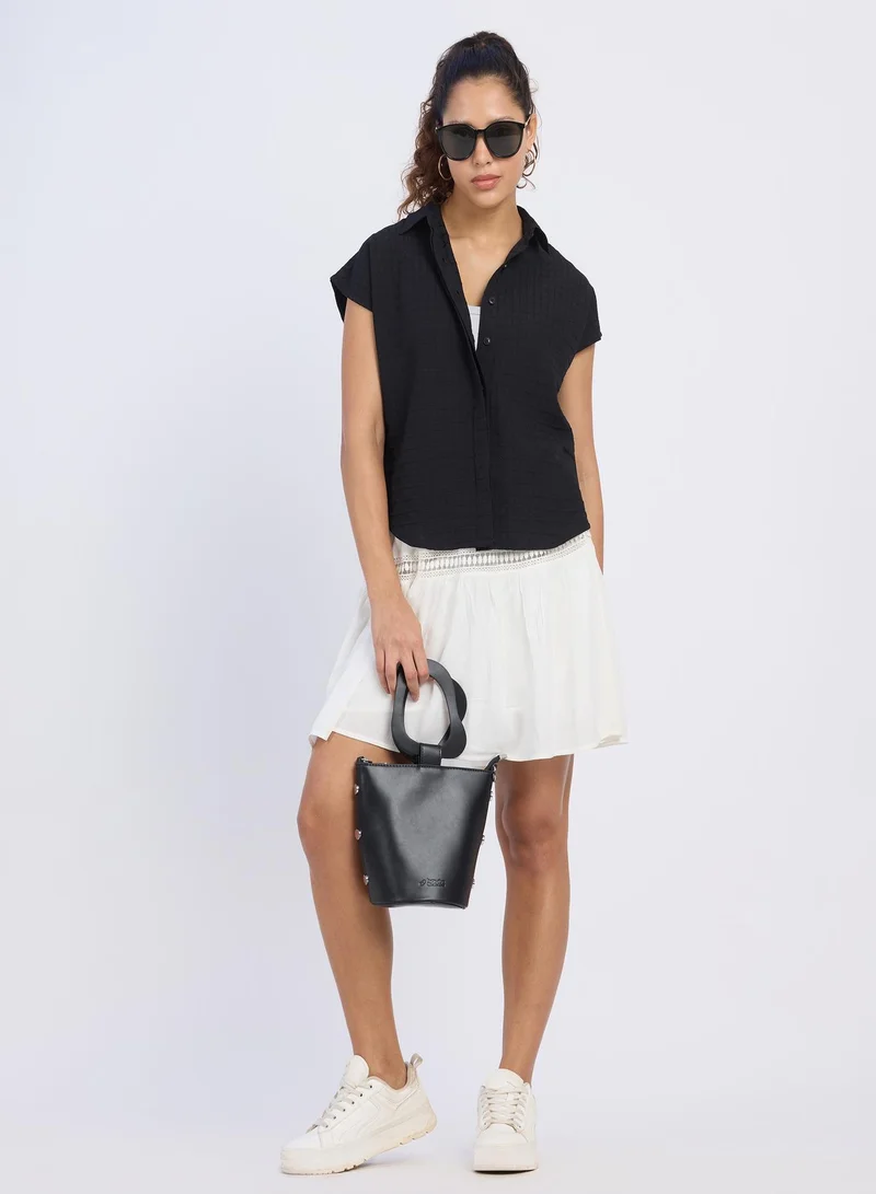 بينيا كولادا Women's Midnight Black Boxy Textured Shirt For Casual Wear | Spread Collar | Short Sleeve | Button Closure | Shirt Designed With Comfortable Fit For Woman & Girls