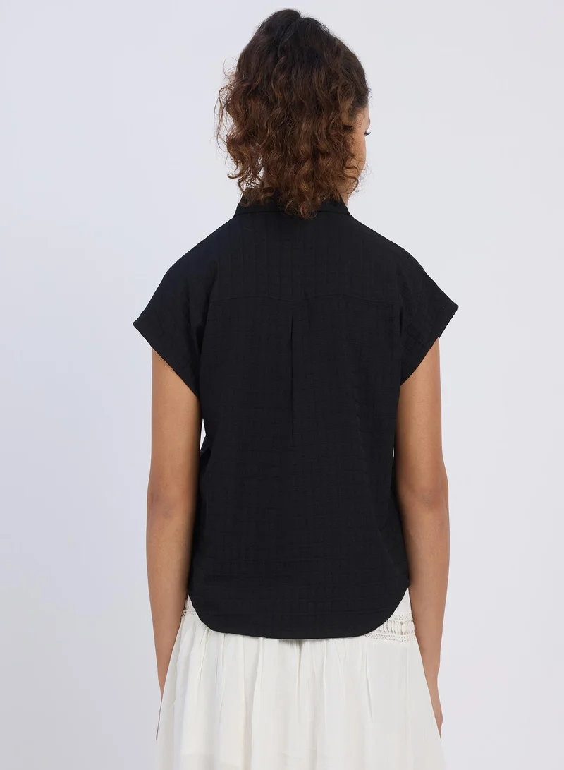 بينيا كولادا Women's Midnight Black Boxy Textured Shirt For Casual Wear | Spread Collar | Short Sleeve | Button Closure | Shirt Designed With Comfortable Fit For Woman & Girls