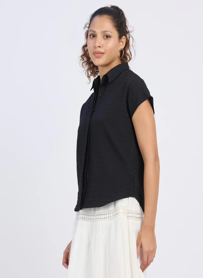 بينيا كولادا Women's Midnight Black Boxy Textured Shirt For Casual Wear | Spread Collar | Short Sleeve | Button Closure | Shirt Designed With Comfortable Fit For Woman & Girls