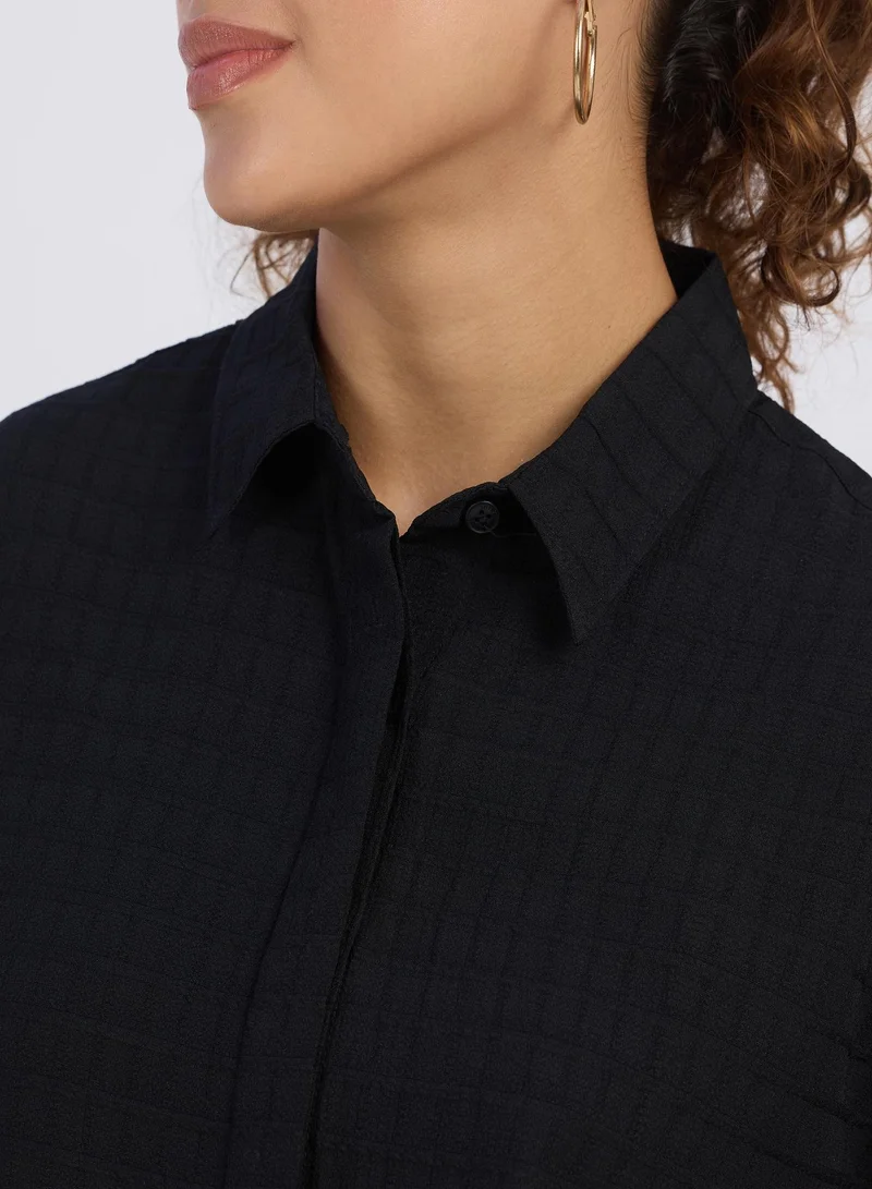 بينيا كولادا Women's Midnight Black Boxy Textured Shirt For Casual Wear | Spread Collar | Short Sleeve | Button Closure | Shirt Designed With Comfortable Fit For Woman & Girls