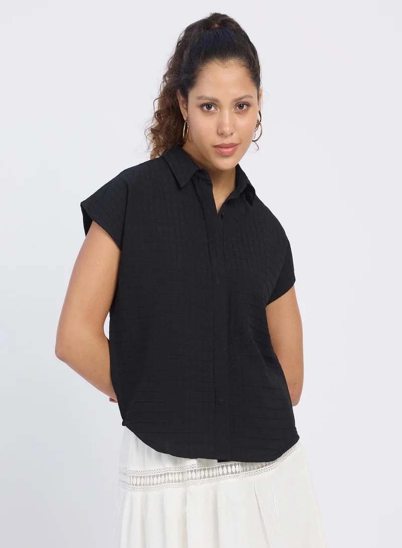 بينيا كولادا Women's Midnight Black Boxy Textured Shirt For Casual Wear | Spread Collar | Short Sleeve | Button Closure | Shirt Designed With Comfortable Fit For Woman & Girls