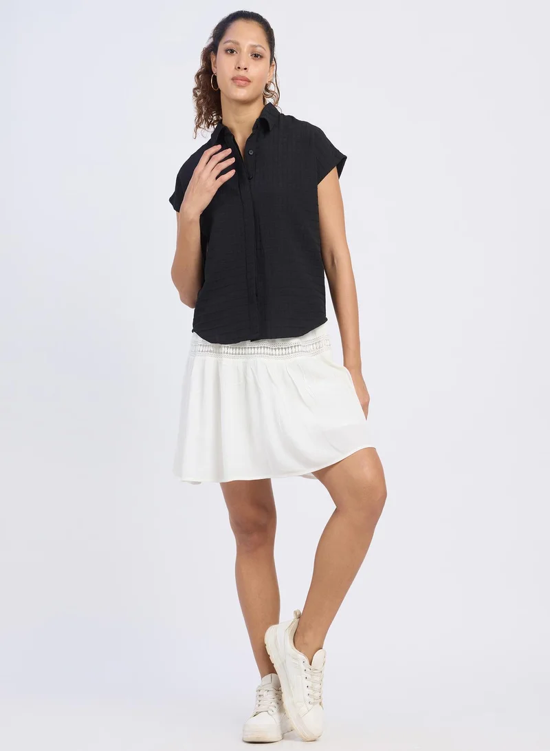 بينيا كولادا Women's Midnight Black Boxy Textured Shirt For Casual Wear | Spread Collar | Short Sleeve | Button Closure | Shirt Designed With Comfortable Fit For Woman & Girls