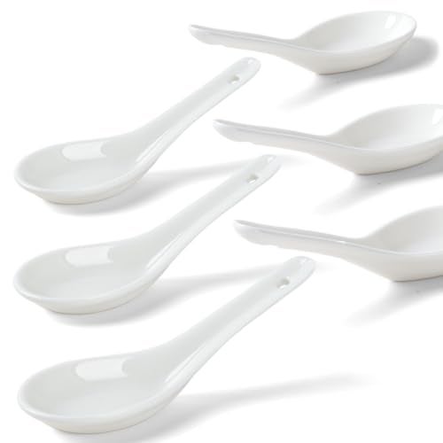 HAPPY KIT Soup Spoons Set of 6, Asian Ceramic Soup Spoons 5.3" Ramen Spoons Proper for Corelle Pho Miso Wonton Ramen Dumpling Macaron Dishwasher & Oven Safe - Image 1