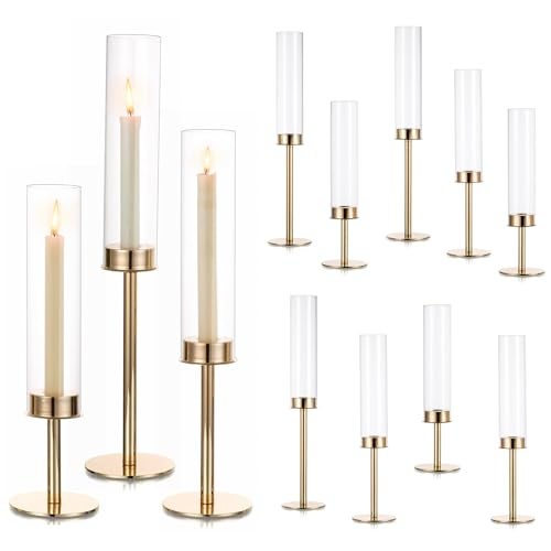 Hewory Gold Candle Holders Hurricane Candlestick Holders, 12Pcs Candle Stick Candle Holder Candelabra, Taper Candle Holders with Glass Candle Cover for Wedding Table Centerpiece Christmas Decor - Image 1