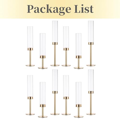 Hewory Gold Candle Holders Hurricane Candlestick Holders, 12Pcs Candle Stick Candle Holder Candelabra, Taper Candle Holders with Glass Candle Cover for Wedding Table Centerpiece Christmas Decor - Image 5