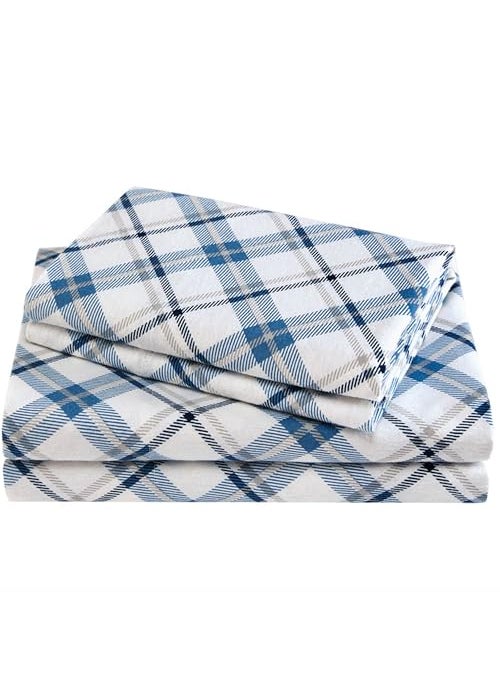 Comfort Spaces Comfort Spaces Cotton Flannel Breathable Warm Deep Pocket Sheets with Pillow Case Bedding Queen Blue Plaid 4 Piece 
