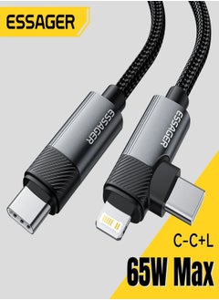 ESSAGER High-quality braided cable, C To C and iPhone,1 meter long, supports fast charging up to 65 Watt for type C and 29 Watt for iPhone, black  - Image 1