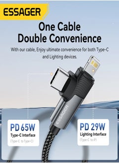 ESSAGER High-quality braided cable, C To C and iPhone,1 meter long, supports fast charging up to 65 Watt for type C and 29 Watt for iPhone, black  - Image 3