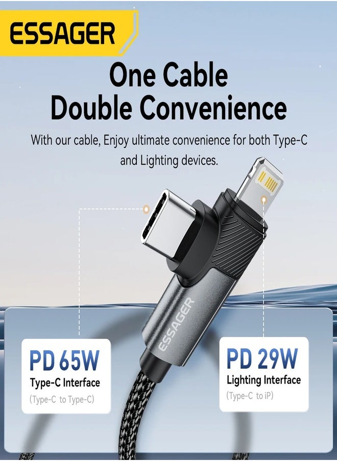 ESSAGER High-quality braided cable, C To C and iPhone,1 meter long, supports fast charging up to 65 Watt for type C and 29 Watt for iPhone, black  - Image 3