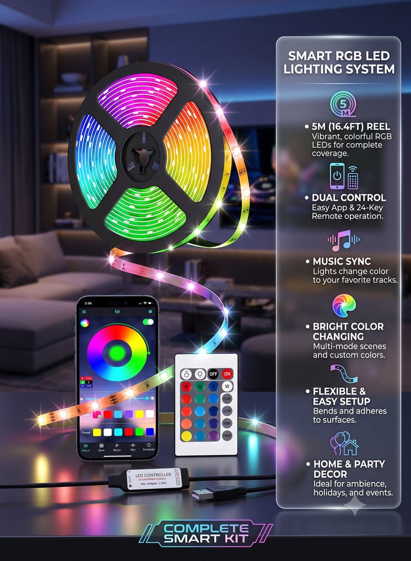 BGM شريط إضاءة ذكي LED RGB 5 متر، أضواء ذكية لغرفة النوم، تحكم عبر تطبيق بلوتوث، ألوان متعددة على خط واحد، مزامنة مع الموسيقى - Image 2