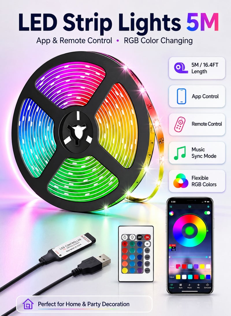 BGM شريط إضاءة ذكي LED RGB 5 متر، أضواء ذكية لغرفة النوم، تحكم عبر تطبيق بلوتوث، ألوان متعددة على خط واحد، مزامنة مع الموسيقى - Image 1