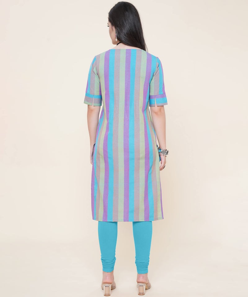 ANUSHIL Cotton Weaved Fabric Multi Stripped Sweetheart Neck Style with Buttons Regular Fit Kurta for Women's and Girl's (Color:-Blue, Size:-M) - Image 3