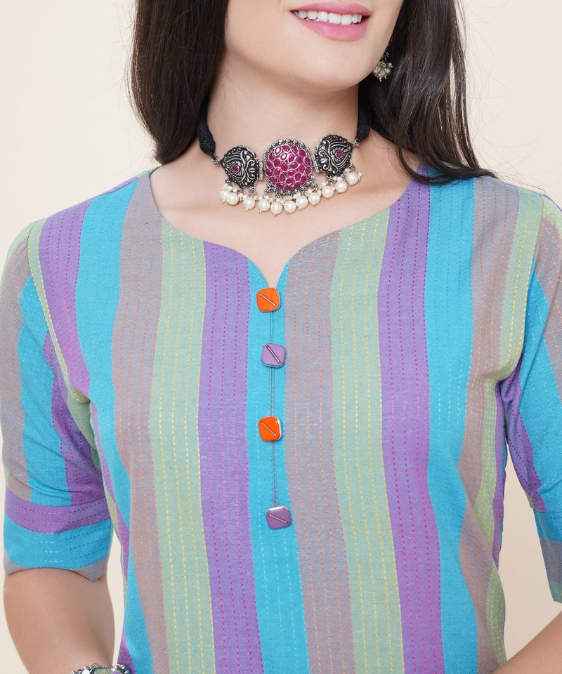 ANUSHIL Cotton Weaved Fabric Multi Stripped Sweetheart Neck Style with Buttons Regular Fit Kurta for Women's and Girl's (Color:-Blue, Size:-M) - Image 4