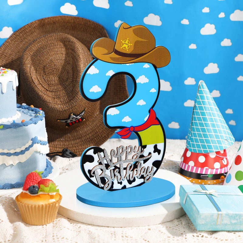 Vercraft Toy Theme 3th Birthday Party Number Centerpiece Cartoon Party Number Sign Blue Sky and White Cloud Cow Birthday Sign for Boy and Girl Decor - Image 3