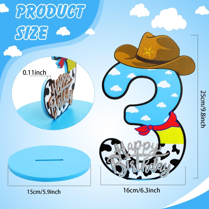 Vercraft Toy Theme 3th Birthday Party Number Centerpiece Cartoon Party Number Sign Blue Sky and White Cloud Cow Birthday Sign for Boy and Girl Decor - Image 2