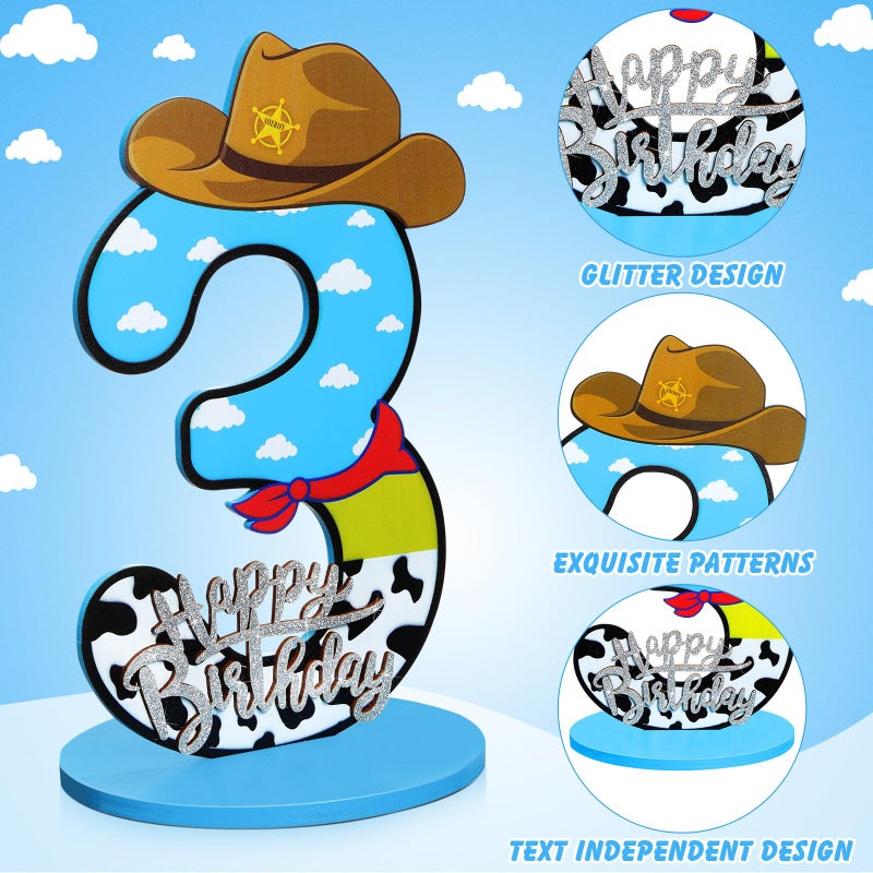 Vercraft Toy Theme 3th Birthday Party Number Centerpiece Cartoon Party Number Sign Blue Sky and White Cloud Cow Birthday Sign for Boy and Girl Decor - Image 4