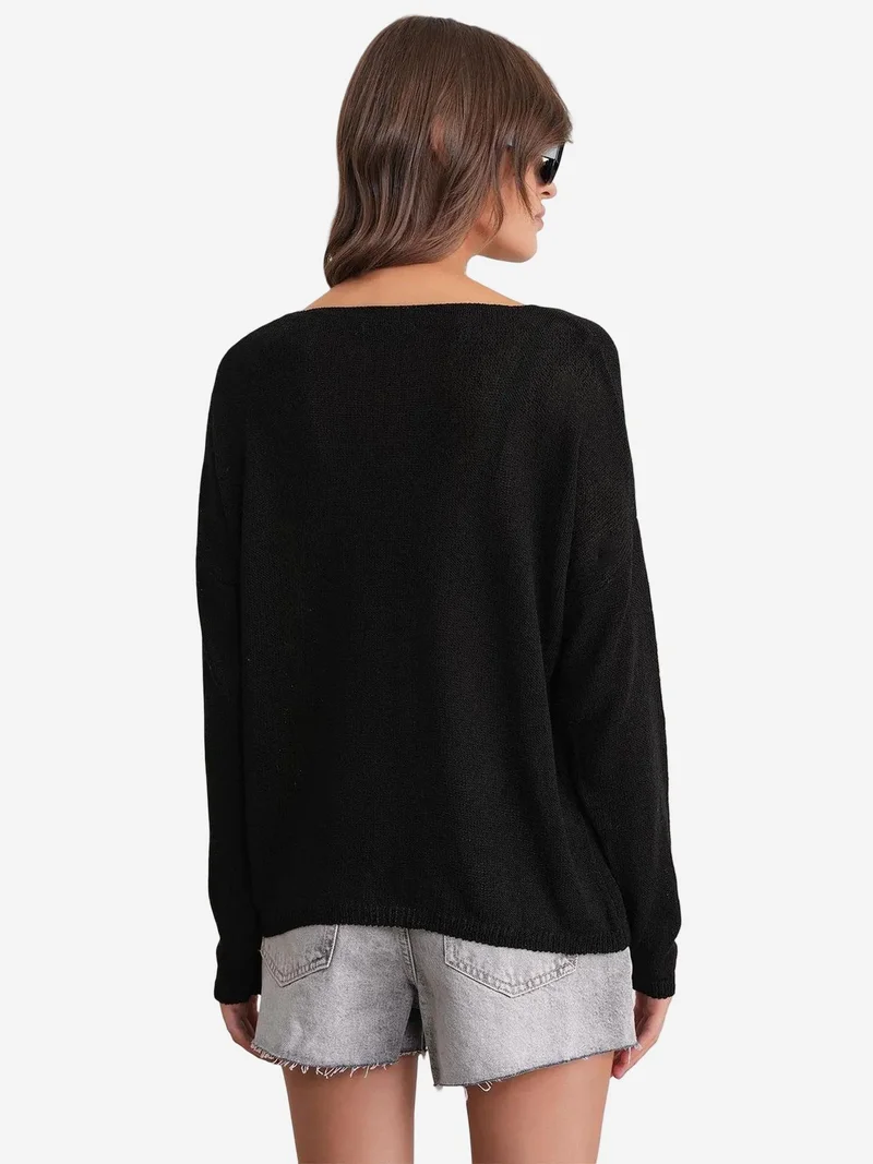 Mixray Black MIXRAY Oversized Boat Neck Knit Sweater for Women | Best Price UAE