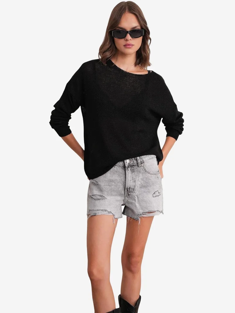 Mixray Black MIXRAY Oversized Boat Neck Knit Sweater for Women | Best Price UAE