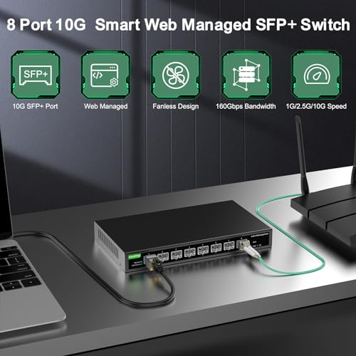 GoodTop 8 Port 10Gb Smart Web Managed SFP+ Switch,10G Optical Easy Managed SFP+ Ethernet Switch,Metal Fanless Home Lab Network Switch with Link Aggregation/QoS/VLAN/DHCP Client, Black, GT-SWTXG8FM - Image 2