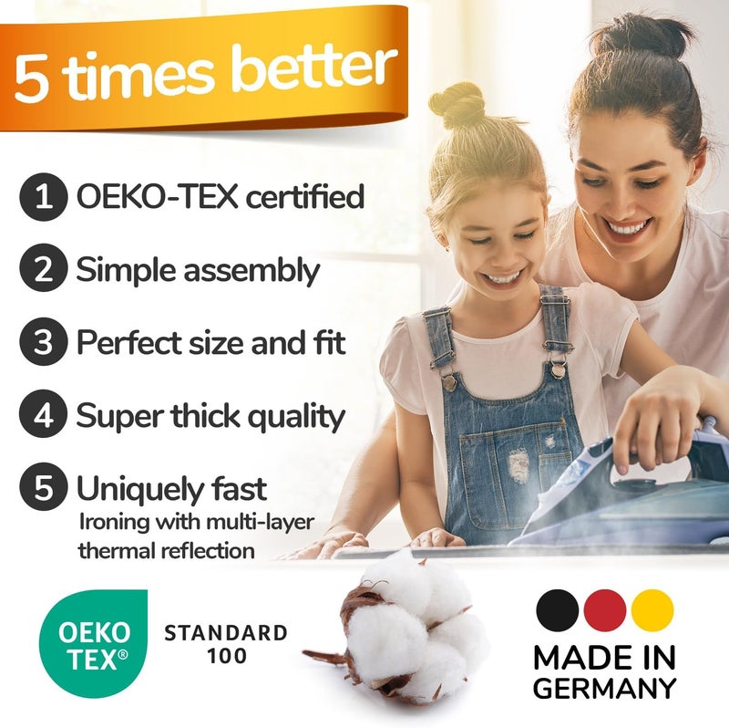 smart&gentle غطاء طاولة الكي توربو فائق النعومة 140×40، صنع في ألمانيا، حشوة قطن OEKO-TEX، سريع مع الانعكاس الحراري، 5 مقاسات، EasyFit+مشبك، مساحة XXL 135-140×40-45 سم - Image 2