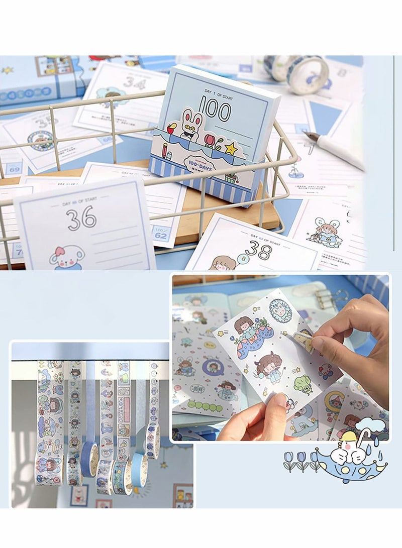 SYOSI Cartoon Memo Set, Washi Sticker, Ruler, Bookmark, 21 Days Habit, Notes Writing Pads Scrapbook with 7 Rolls Masking Tapes for Planning, 100 Day Countdown (Blue) - Image 3