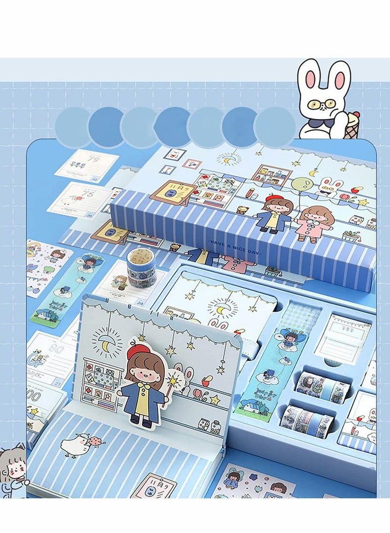 SYOSI Cartoon Memo Set, Washi Sticker, Ruler, Bookmark, 21 Days Habit, Notes Writing Pads Scrapbook with 7 Rolls Masking Tapes for Planning, 100 Day Countdown (Blue) - Image 2