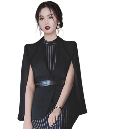Cross-border suit Autumn New socialite cape coat + striped slim sleeveless dress two-piece set for women Cloak coat with belt