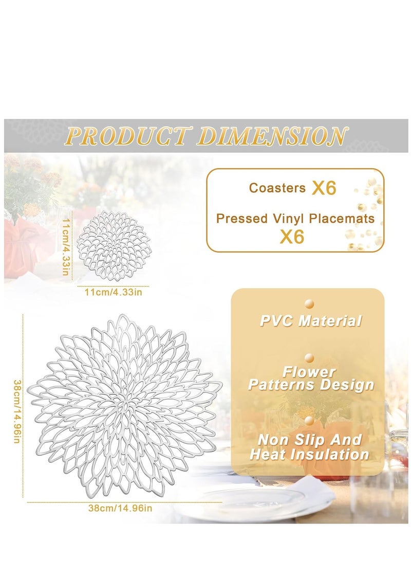 KASTWAVE سِت حلقات وضع الطعام مستديرة من 6 لطاولة العشاء مصنوعة من الفينيل مثقبه أغطية لطاولة الطعام مستديرة مطبوعة بلاستيك لامع زينة طاولة طعام عصرية لمطبخ الديكور (فضي) - Image 2