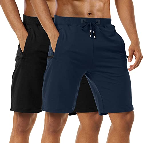 Boyzn Men's 2 Pack Casual Shorts Cotton Workout Running Shorts Quick Dry Lightweight Joggers Shorts with Elastic Waist and Zip Pockets Black/Navy-L - Image 1